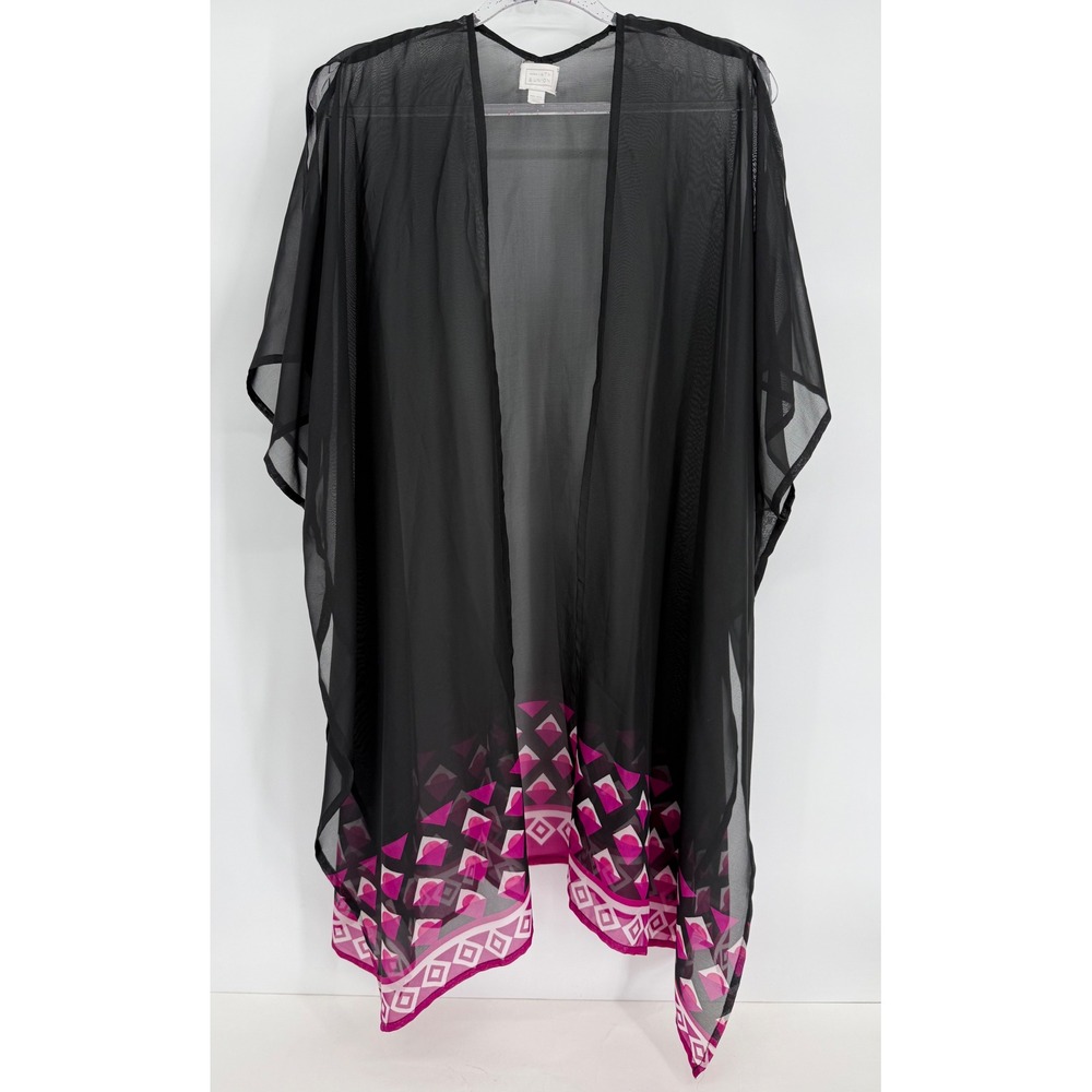 14th & Union Black Sheer Kimono Wrap Swim Cover Magenta Border Print OS